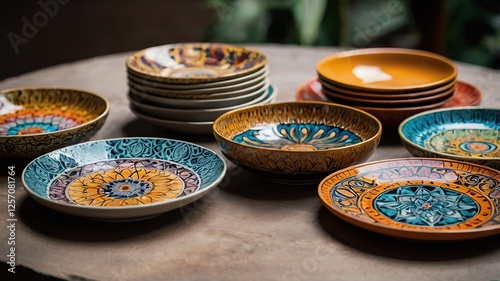 Colorful Ceramic Plates With Intricate Designs On Wooden Table photo