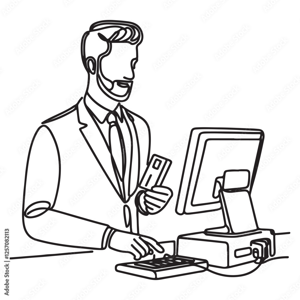 continuous one single line art doodle drawing of man seller cashier illustration continuous one single line art doodle drawing of man seller cashier illustration