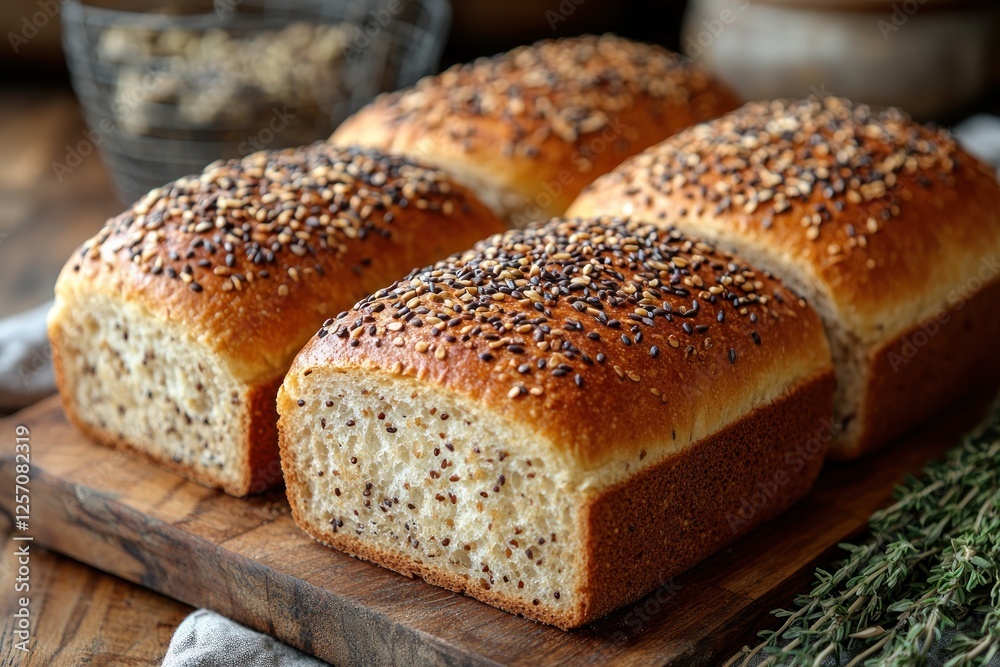 Freshly Baked Whole Grain Bread on Rustic Cutting Board with Blurred Basket Freshly Baked Whole Grain Bread on Rustic Cutting Board with Blurred Basket