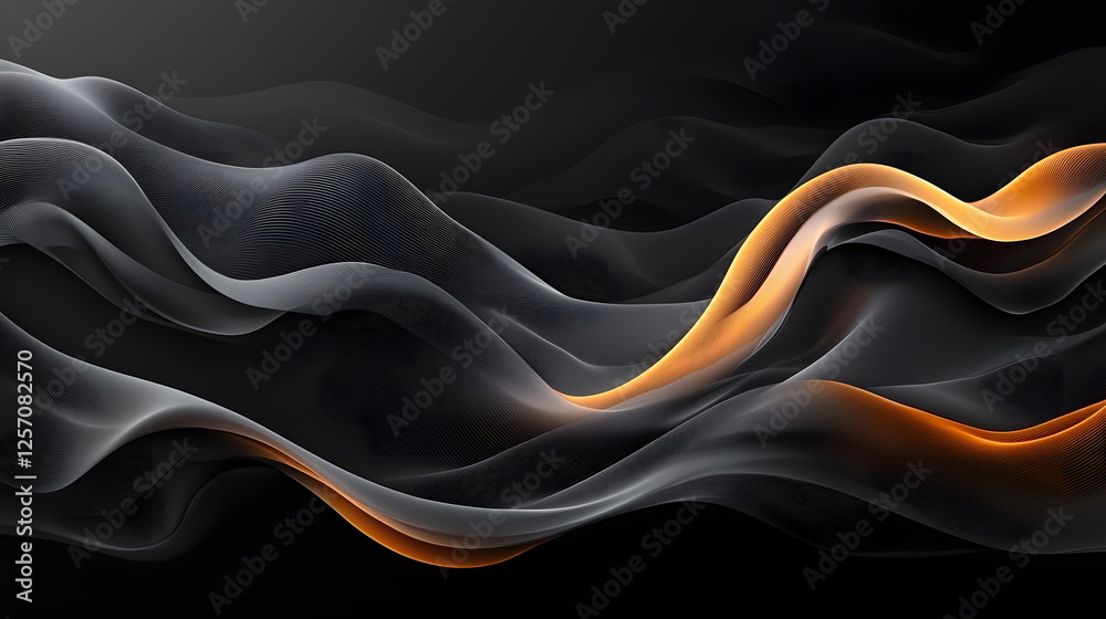 Flowing abstract lines in black and orange creating a dynamic wave-like design against a dark background Flowing abstract lines in black and orange creating a dynamic wave-like design against a dark background