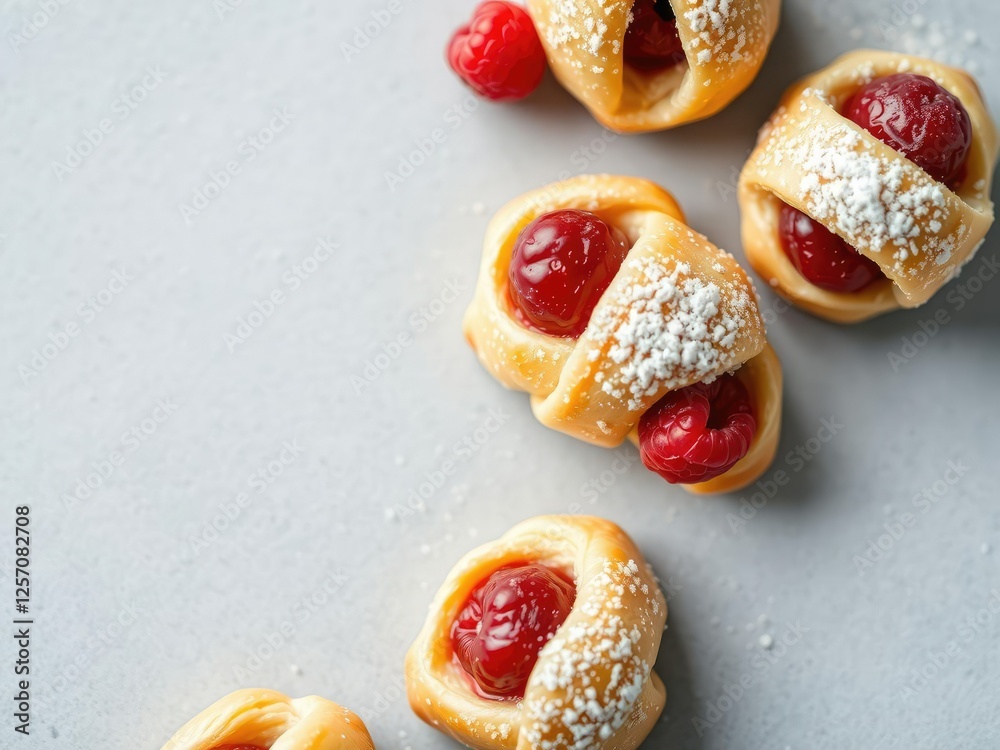 Miniature croissant pastry puffs filled with juicy raspberry preserves and topped with a light dusting of powdered sugar, fresh raspberries, pastry puffs, powdered sugar Miniature croissant pastry puffs filled with juicy raspberry preserves and topped with a light dusting of powdered sugar, fresh raspberries, pastry puffs, powdered sugar