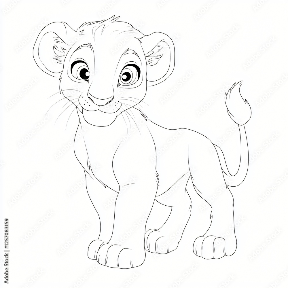 Obraz premium Adorable Cartoon Lion Cub Line Art Coloring Page Wildlife Illustration Cute Baby Animal