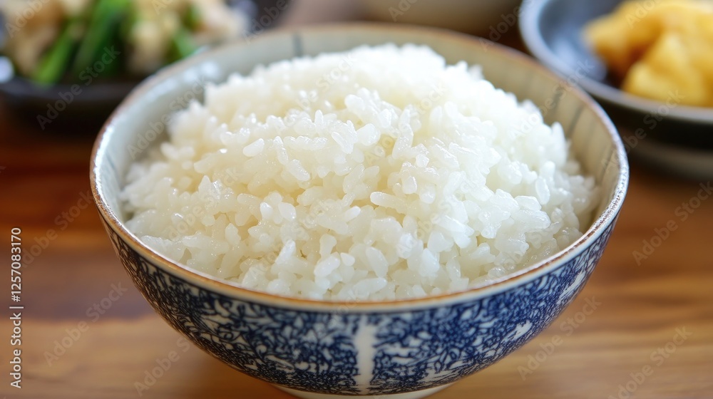 A beautifully arranged Japanese meal featuring a bowl of freshly cooked rice. A beautifully arranged Japanese meal featuring a bowl of freshly cooked rice.