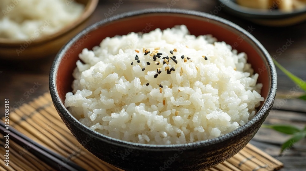 A beautifully arranged Japanese meal featuring a bowl of freshly cooked rice. A beautifully arranged Japanese meal featuring a bowl of freshly cooked rice.