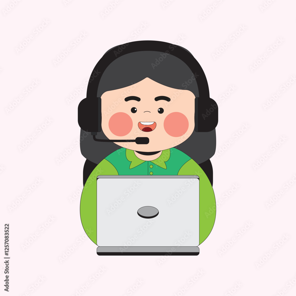 Cute Woman Customer Service with Green Shirt Cartoon Character Illustration Cute Woman Customer Service with Green Shirt Cartoon Character Illustration