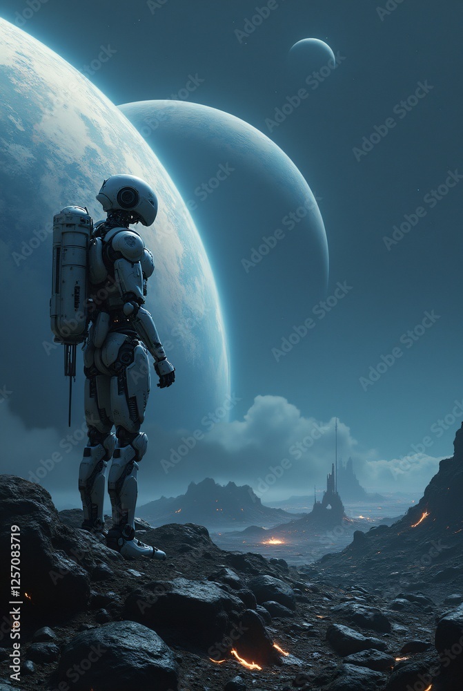 Naklejka premium Artificial intelligence explores space, robots on other planets