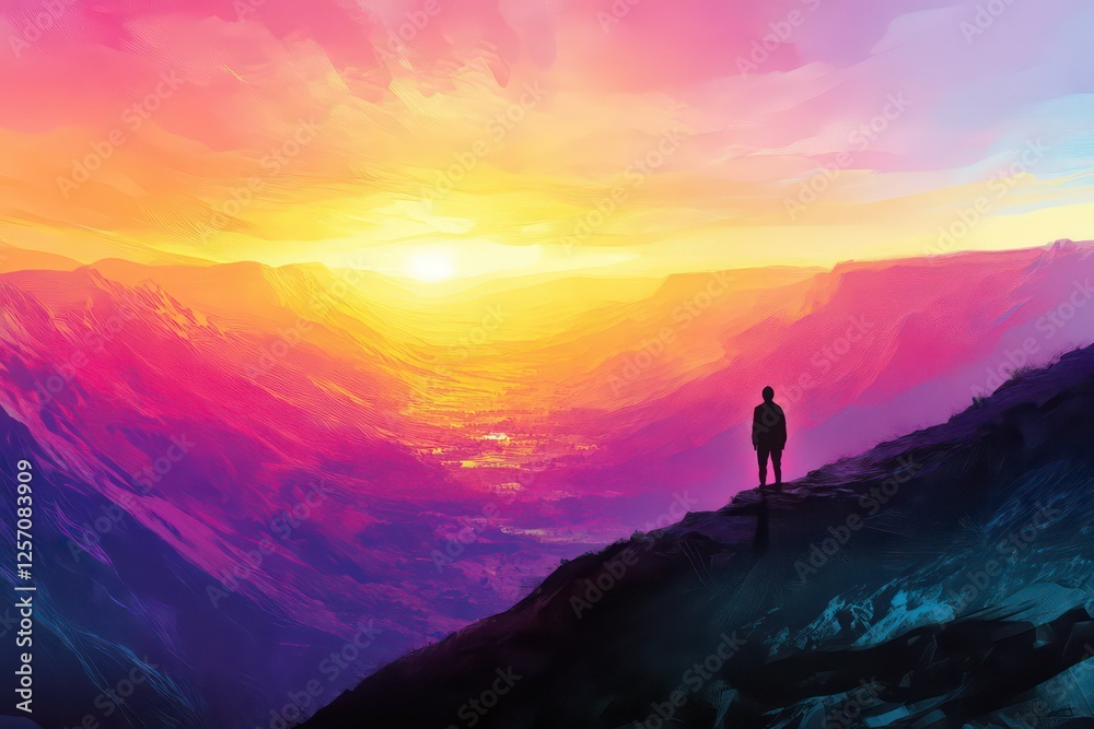 A silhouette of a person standing on a hill at sunset, gazing out over a vast, colorful valley. A silhouette of a person standing on a hill at sunset, gazing out over a vast, colorful valley.