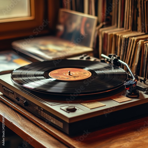 Vinyl record player playing music in a home library photo