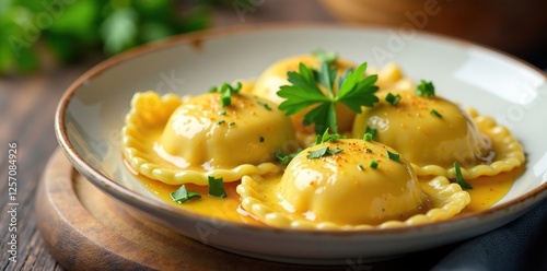 Cheese-filled ravioli with butter and parsley, dish, steaming
