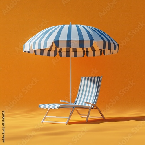 Minimalist beach chair and umbrella on vibrant orange background summer relaxation concept