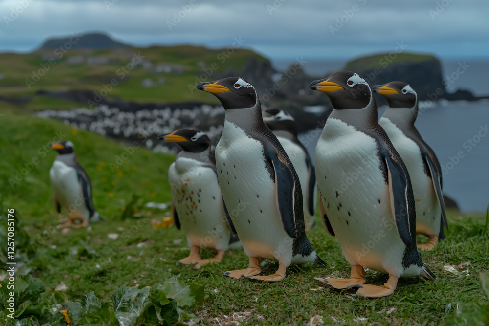Fototapeta premium A group of penguins stands on a grassy terrain, with the ocean and distant islands visible in the background.
