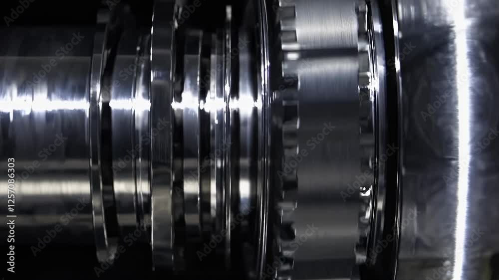 Close-up video of interlocking metal gears, showcasing industrial precision. The side angle highlights the intricate mechanical design. Close-up video of interlocking metal gears, showcasing industrial precision. The side angle highlights the intricate mechanical design.