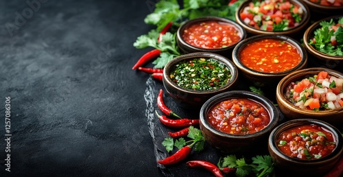 A vibrant display of assorted salsas served in traditional bowls with fresh herbs and chilies