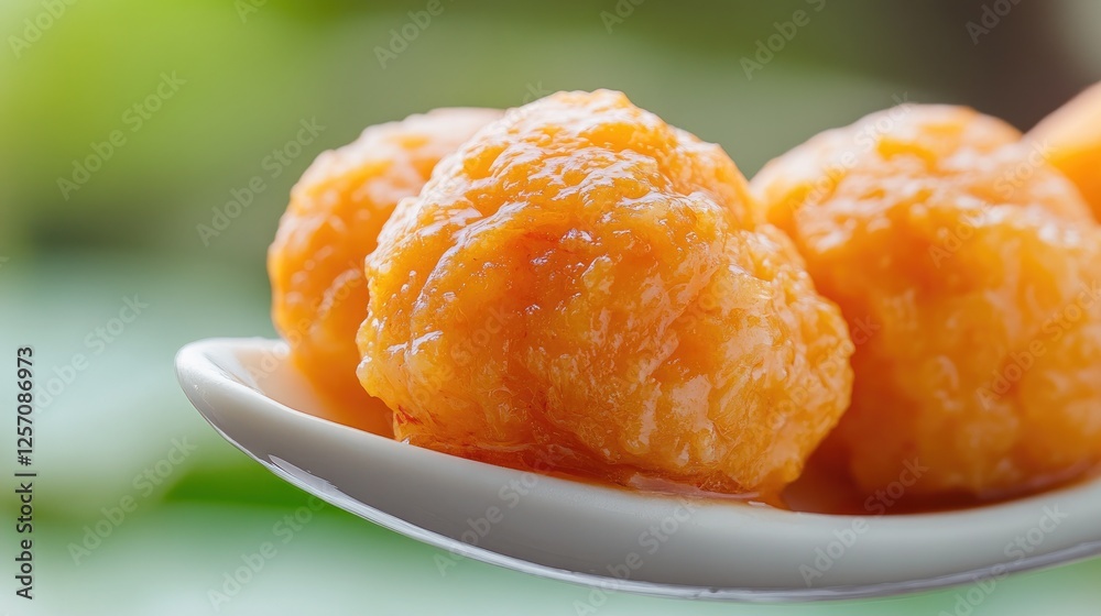 A close-up of fresh uni on a spoon, lightly coated with a delicate seafood sauce. A close-up of fresh uni on a spoon, lightly coated with a delicate seafood sauce.