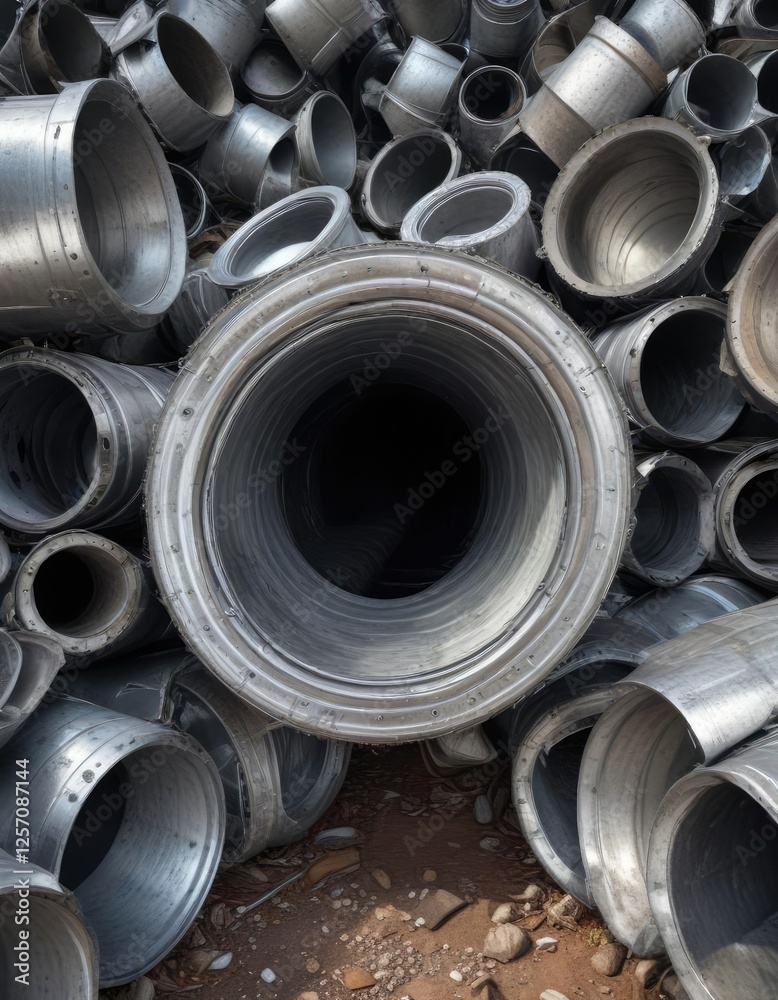 Old aluminum duct in a junkyard or scrap metal pile, waste management, metal recycling, junkyard
