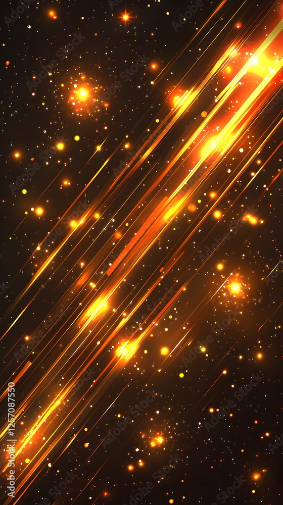 Bright glowing lines and particles with a golden hue against a dark background creating a dynamic effect. Bright glowing lines and particles with a golden hue against a dark background creating a dynamic effect.