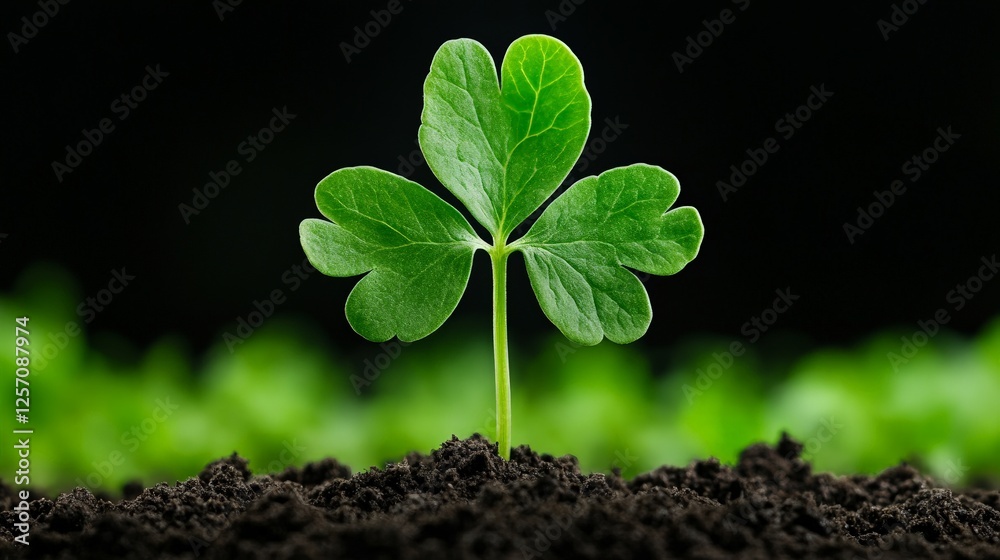 Naklejka premium Fresh Green Clover Plant Emerging from Dark Rich Soil