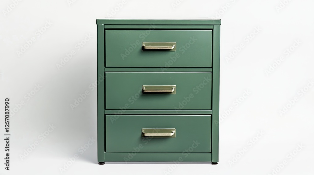 Green Metal Nightstand with Three Drawers Against White Background