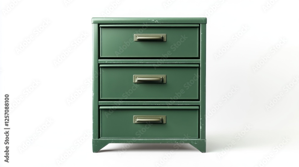 Green metal three-drawer cabinet, white background, storage solution Green metal three-drawer cabinet, white background, storage solution