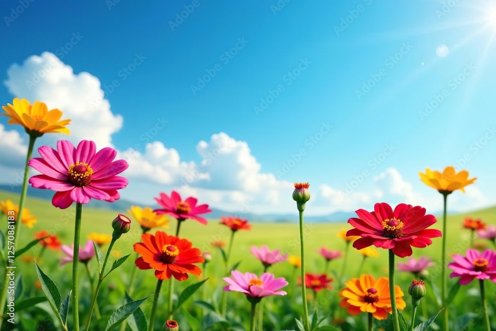 Colorful flowers in a field against a blue sky, zinnia, wildflowers Colorful flowers in a field against a blue sky, zinnia, wildflowers