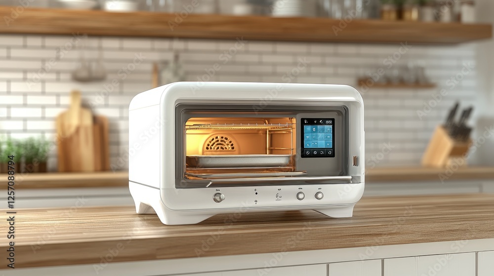 Fototapeta premium A compact countertop oven with a digital interface, positioned in a stylish kitchen.