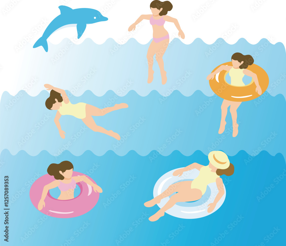 Naklejka premium アイソメトリック 人物 女性 海 プール 水着 水泳 夏 スポーツ レジャー イラスト素材セット
