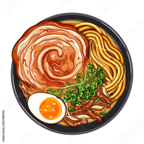 Shoyu Ramen Top View Food Illustration Vector.
Japanese Food Ramen Noodles in a Bowl Menu Icon.
Japanese Street Food Shoyu Ramen Vector.
Japanese Food Shoyu Ramen Vector Icon.