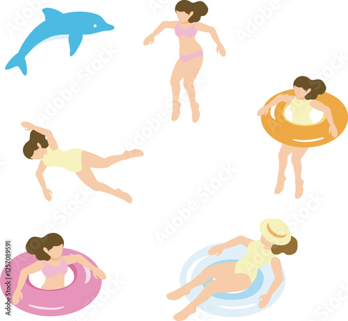 アイソメトリック　人物　女性　海　プール　水着　水泳　夏　スポーツ　レジャー　イラスト素材セット