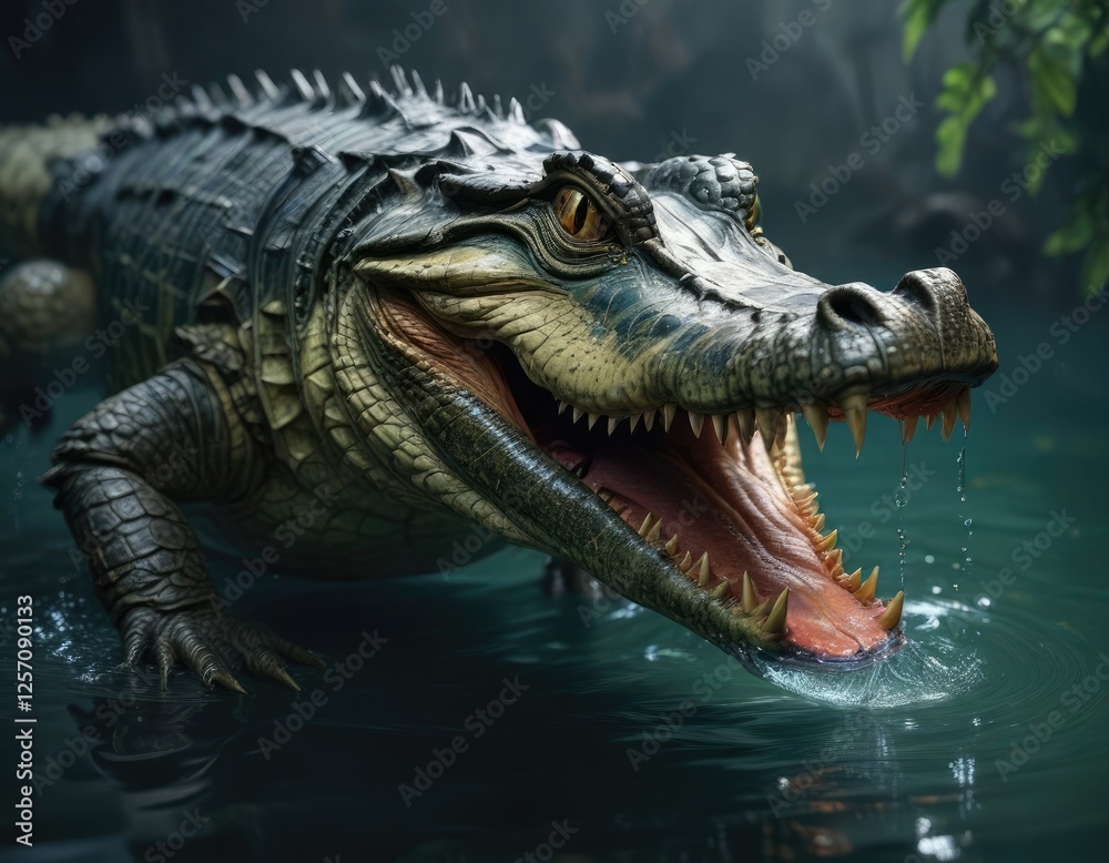Large alligator with strong jaws gripping a fish in the water, prey, habitat Large alligator with strong jaws gripping a fish in the water, prey, habitat