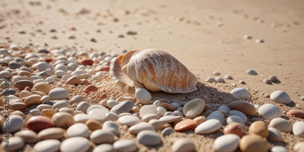 Large empty seashell resting on a pile of smooth rounded pebbles on a sandy beach, coastal scenery, natural world, beach Large empty seashell resting on a pile of smooth rounded pebbles on a sandy beach, coastal scenery, natural world, beach