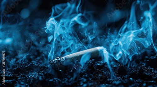 Burning cigarette with emanating smoke resting on dark ashes