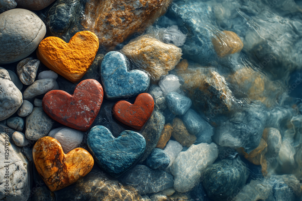 Obraz premium Vibrant tiny heart-shaped pebbles by the sea, symbolize love, romantic, love symbol, Valentine's day