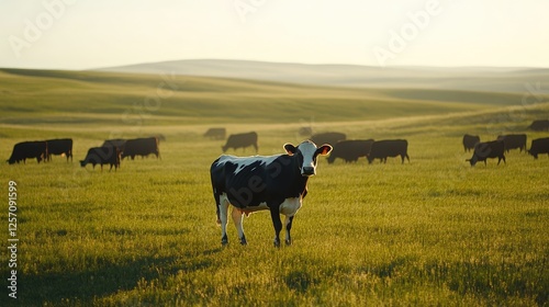 Cattle Herd in Golden Meadow: A lone black and white cow stands confidently in the foreground, gazing towards the horizon, while a herd of its brethren graze in the distance.