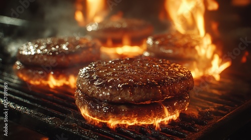 Sizzling Grilled Beef Burgers on Barbecue with Flames and Smoke for Delicious Summer Cookout photo