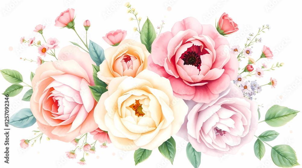 Fototapeta premium watercolor roses in soft pink hues neutral background. Watercolor Flowers. Watercolor floral illustration set. watercolor roses background. watercolor florals.