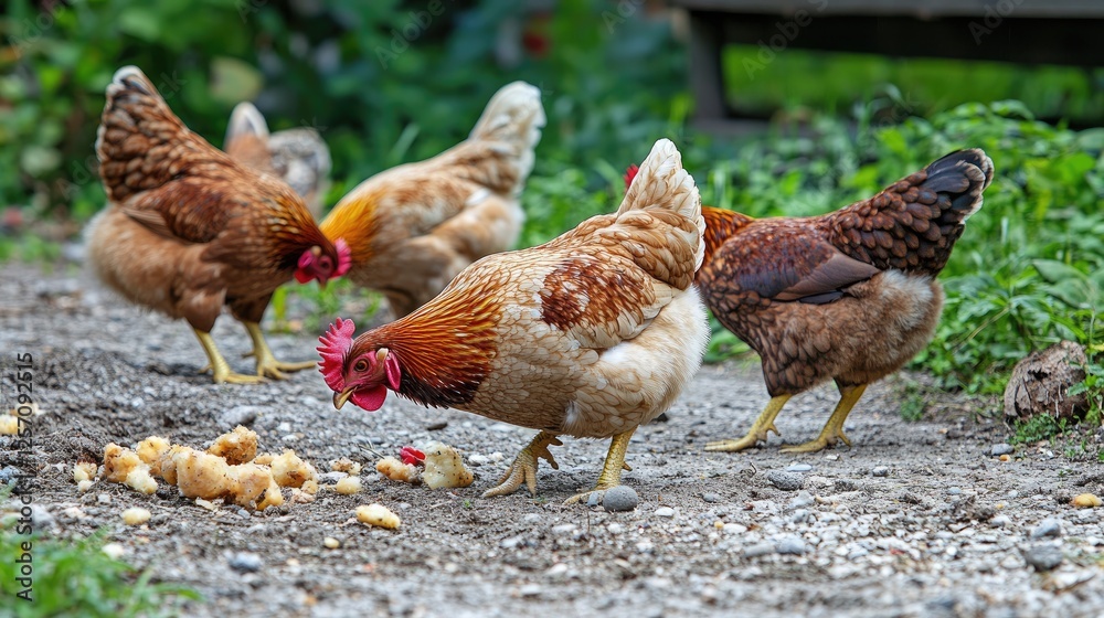 Fototapeta premium Chicken Coop Snack Time: A group of four free-range chickens gather around a pile of food, their brown and white feathers gleaming in the sunlight. They peck at the tasty morsels with a casual.