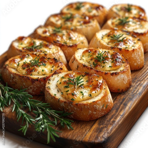 a minimalist arrangement of baguette slices served with a small ramekin of herb butter photo