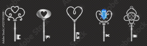 Silver vintage key collection with heart motifs and ornamental spirals. Metallic antique objects with decorative swirls, blue crystal gem insert, Victorian patterns for fantasy game or lock design.