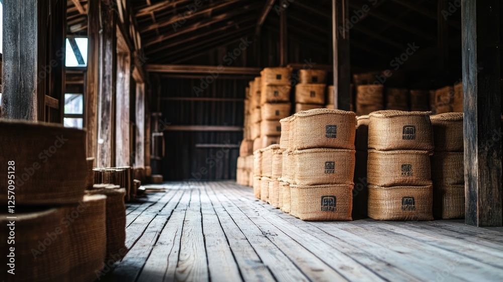 A large storage barn filled with neatly stacked bags of Japanese rice. A large storage barn filled with neatly stacked bags of Japanese rice.
