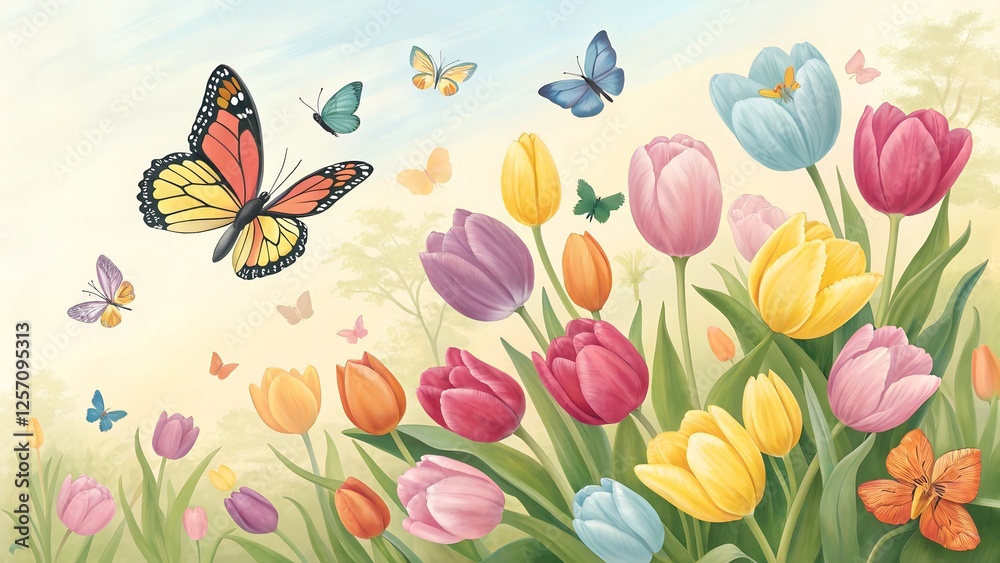 Obraz premium Rainbow Tulips and Butterflies: A vibrant spring scene featuring a profusion of colorful tulips in various shades, playfully adorned with fluttering butterflies.