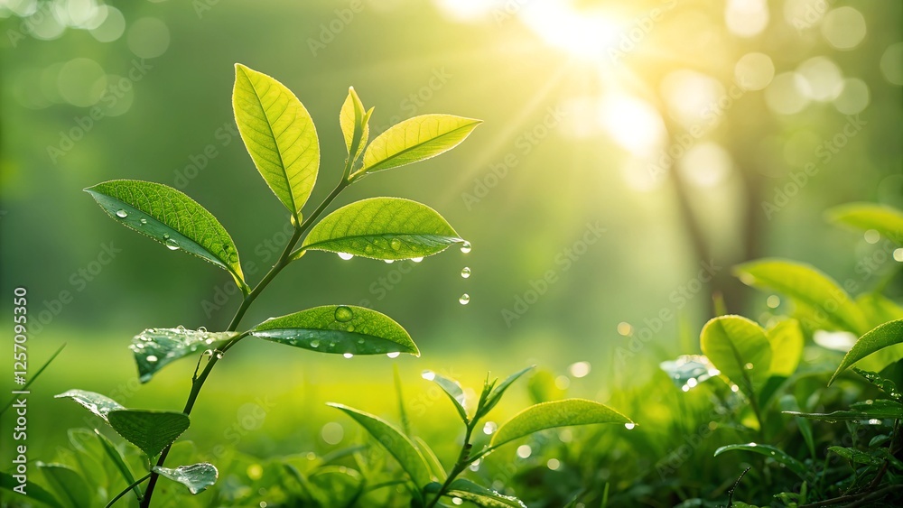 Dew-Kissed Green: A close-up of vibrant green leaves glistening with dewdrops, bathed in the warm sunlight that filters through the surrounding foliage. Dew-Kissed Green: A close-up of vibrant green leaves glistening with dewdrops, bathed in the warm sunlight that filters through the surrounding foliage.
