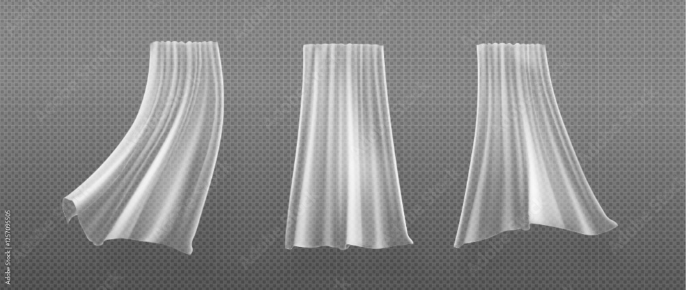 Curtain window wind simulation - transparent white fabric movement. Billowing drapery set of flowing textile shapes in different positions. Realistic 3D dynamic sheer material waves in motion.