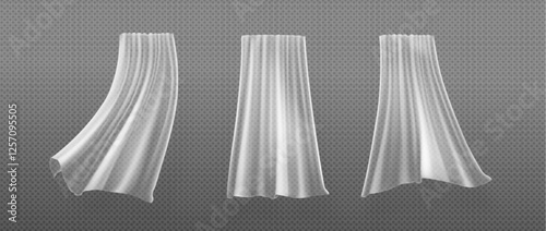 Curtain window wind simulation - transparent white fabric movement. Billowing drapery set of flowing textile shapes in different positions. Realistic 3D dynamic sheer material waves in motion.