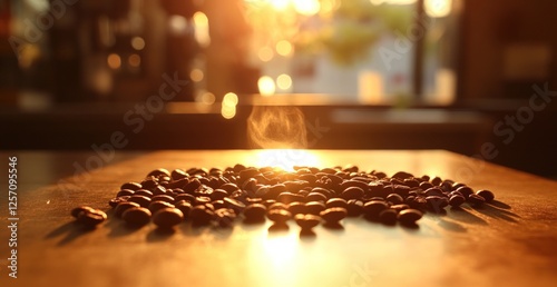 Close-up of coffee beans emitting steam under warm sunlight in a cozy caf? setting