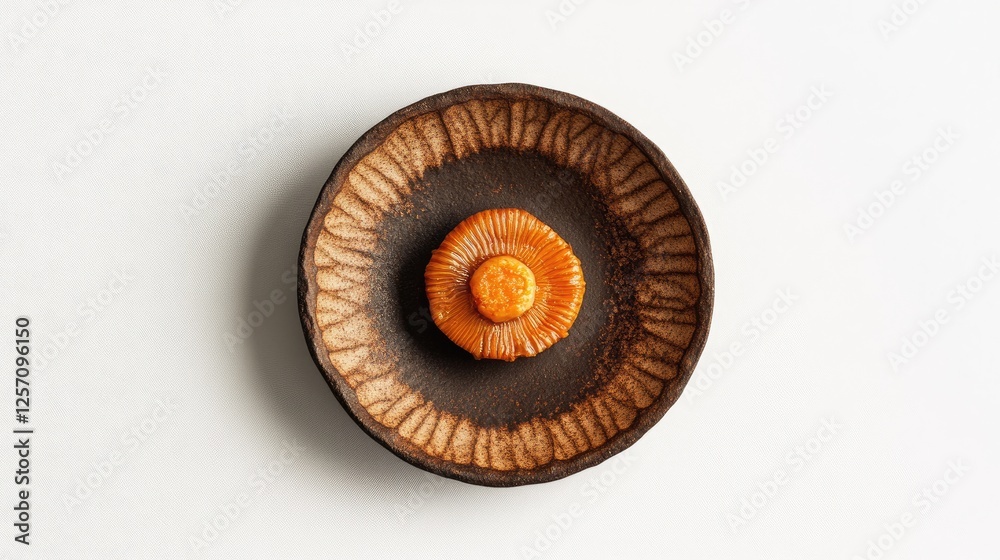 A minimalist and modern plate featuring uni with seafood sauce on a textured ceramic dish.