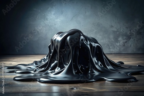 Heavy, gloopy black slime on a dark floor, slime, viscous, heavy, chunky