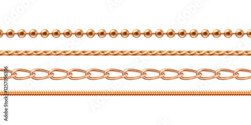 Golden chain jewel collection - yellow metallic links pattern, precious necklace variations, decorative beaded row, interlocking circular elements. Luxury accessories set for jewelry store design.