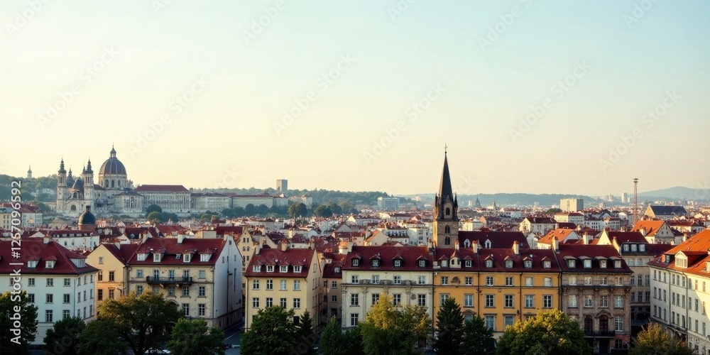 Obraz premium Golden Hour Panorama of a European Cityscape Featuring Traditional Architecture with Red Tile Roofs and a Majestic Church in the Distance