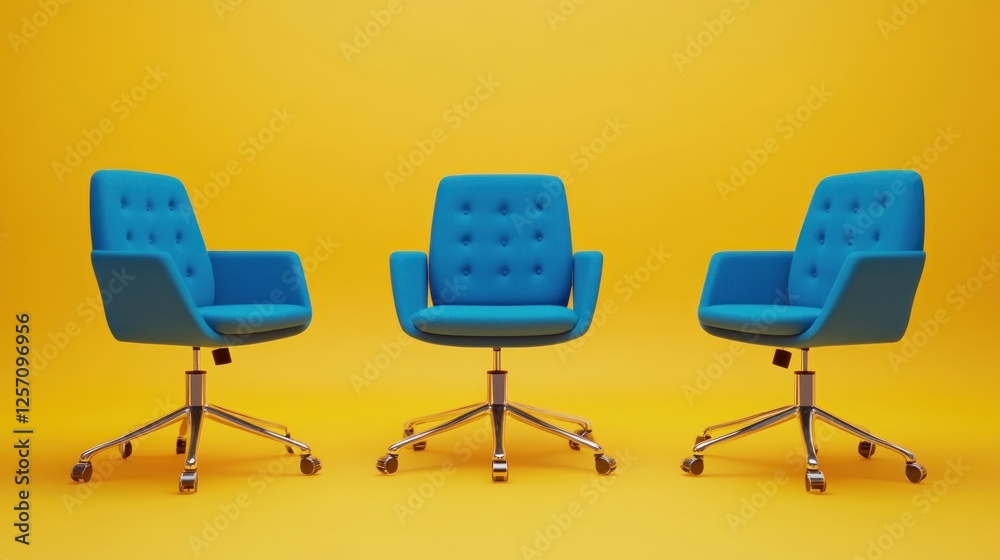 Obraz premium Three blue office chairs, yellow background, meeting