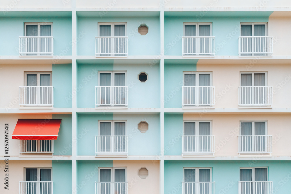 Architectural facade with repeating balcony design Architectural facade with repeating balcony design
